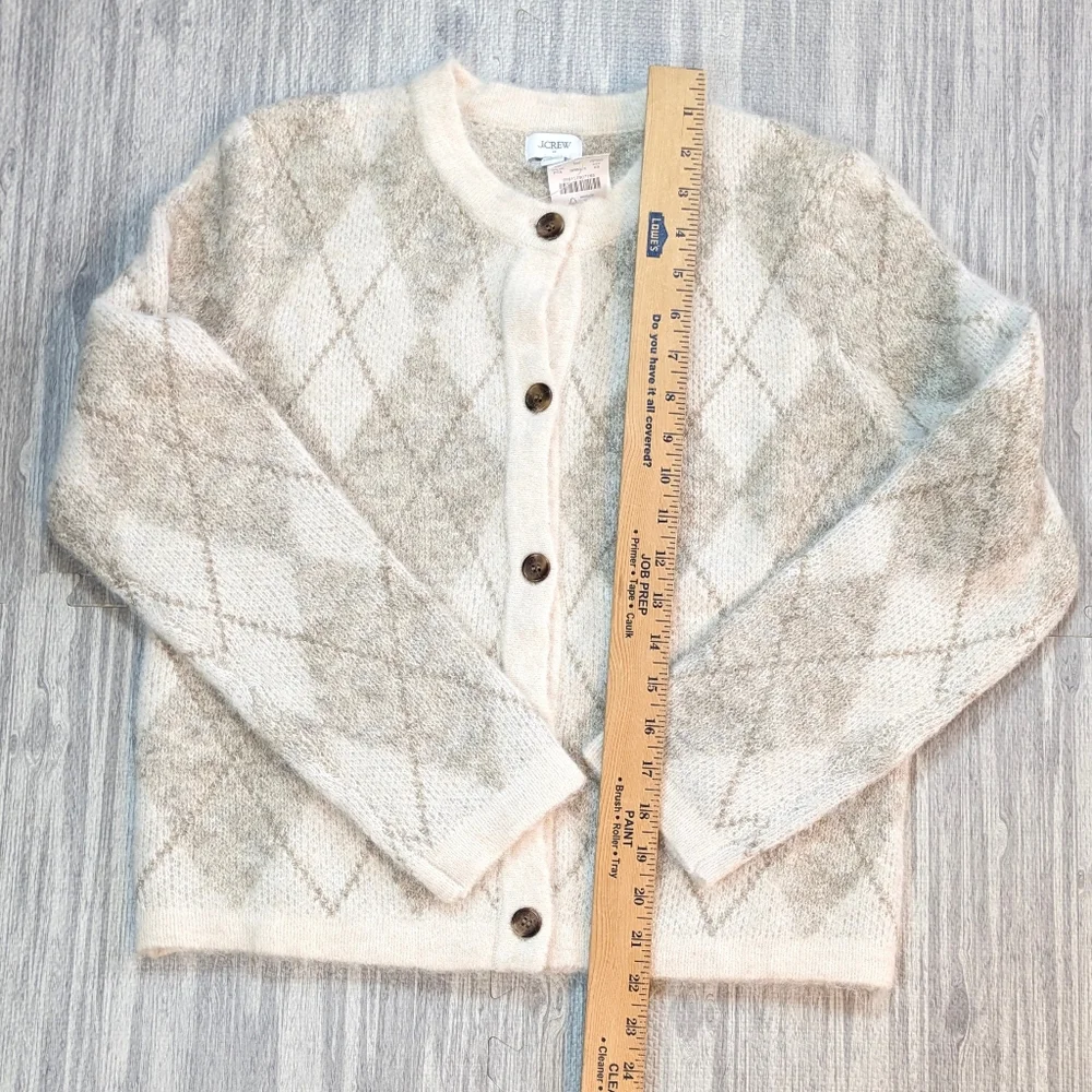 NWT‎ J.Crew Factory Argyle Cardigan Sweater Cream Tan Gold Thread Classic XS